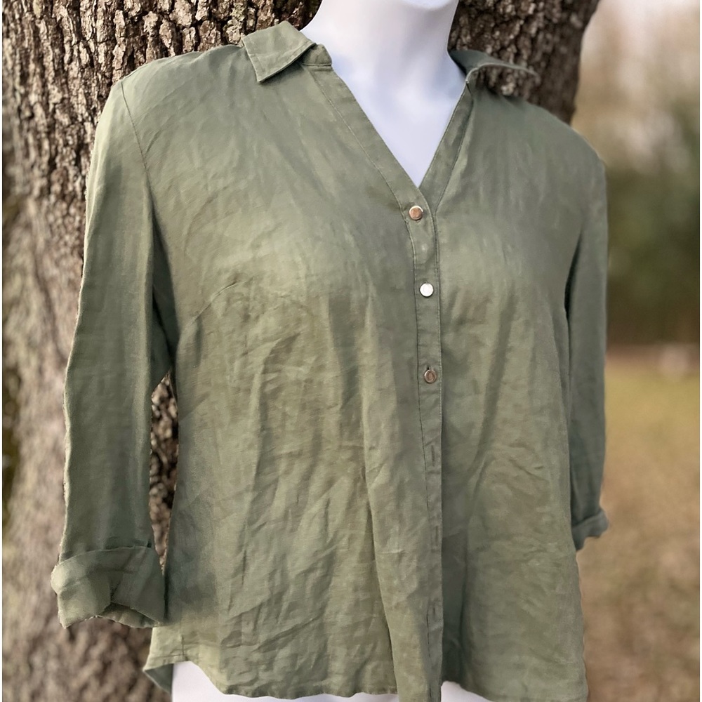 JM COLLECTION SAGE GREEN 100% LINEN BUTTON DOWN LONG ROLL SLEEVE TOP RHINESTONE